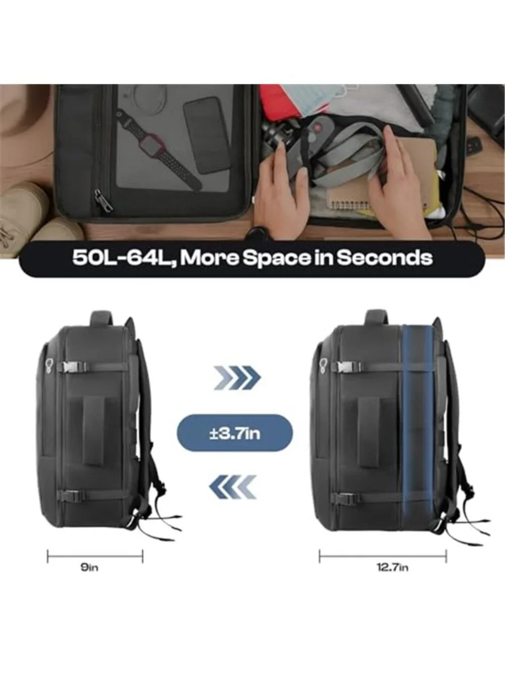 Expandable Travel Backpack Carry On TSA Approved 50L Laptop Luggage Bag Black